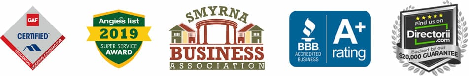 GAF certified, Angi Super service award, Smyrna business association, BBB A+, Directorii roofer in Atlanta, GA